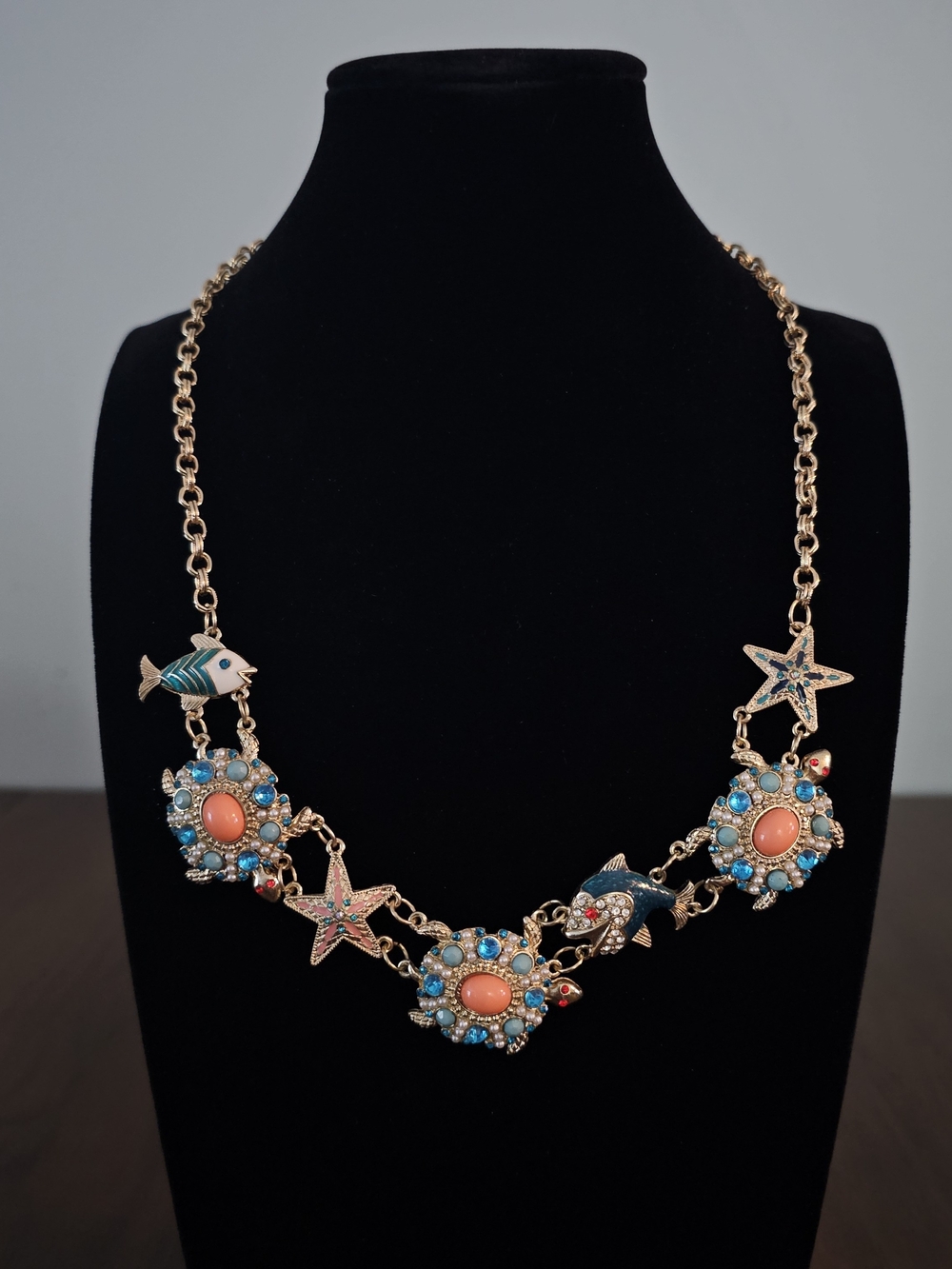 Betsey Johnson Shell Shocked Turtle Gold-Tone Coral Turquoise Statement Necklace